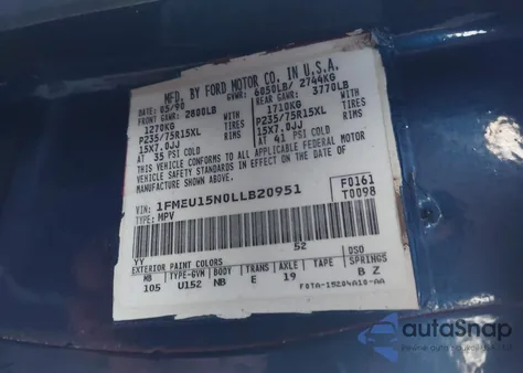 1990 Ford Bronco U100 z USA, uszkodzony, nr VIN 1FMEU15N0LLB20951